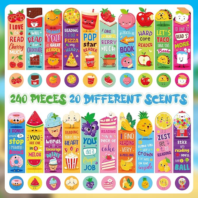 Lincia 240 Pcs Scratch and Sniff Scented Bookmarks Bulk Assorted Fruit Food Theme Smelly Bookmarks Gift for Fruit Lover 20 Styles