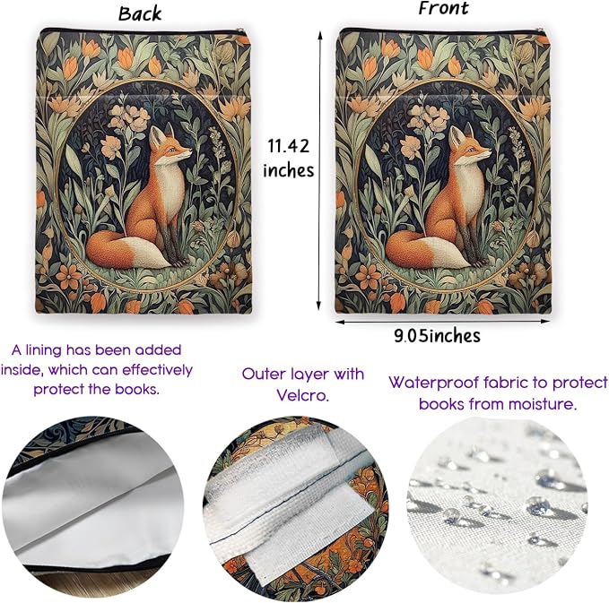 Vintage Flower Fox William Morris Book Sleeve for Book Lovers, Bookish Book Protector with Zipper, Washable Fabric Book Cover for Paperbacks & Hardcovers,11.4 x 9.1Inches (Orange Flower-Fox, Medium)