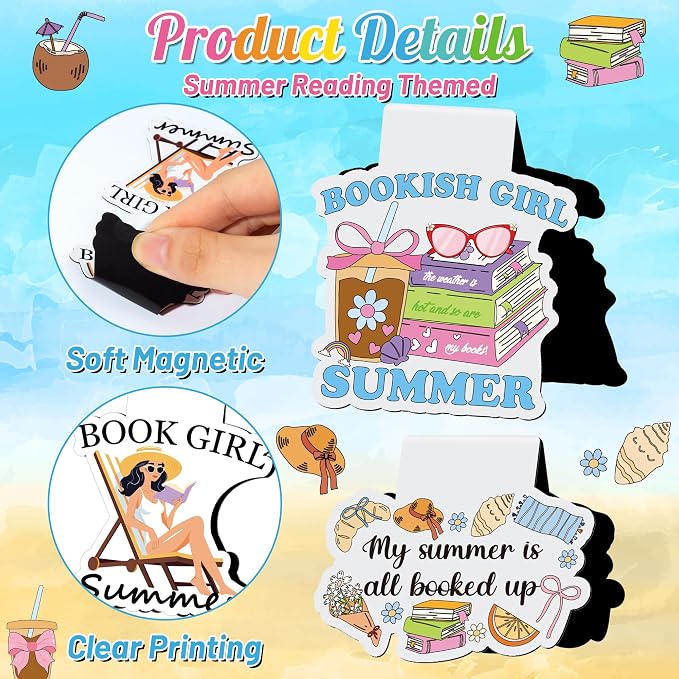 20Pcs Summer Reading Magnetic Bookmarks Cute Vacation Funny Book Club Bookmarks, Summer Poolside Reading Bookish Page Marker Clip Readers Accessories for Book Lover Graduation Back to School Gift