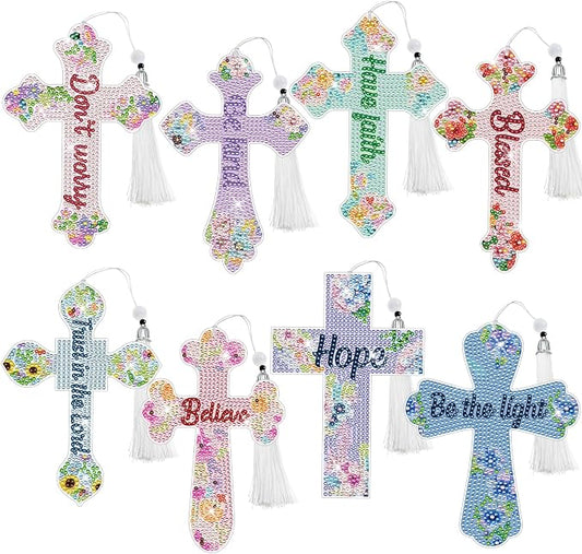 Cross Diamond Painting Bookmarks - 8PCS 5D Diamond Art Bookmark Kits with Tassel Bible Verse Rhinestone Page Marks Inspirational Christian Bookmarks for Reading Lover Book Decor DIY Crafts Gift