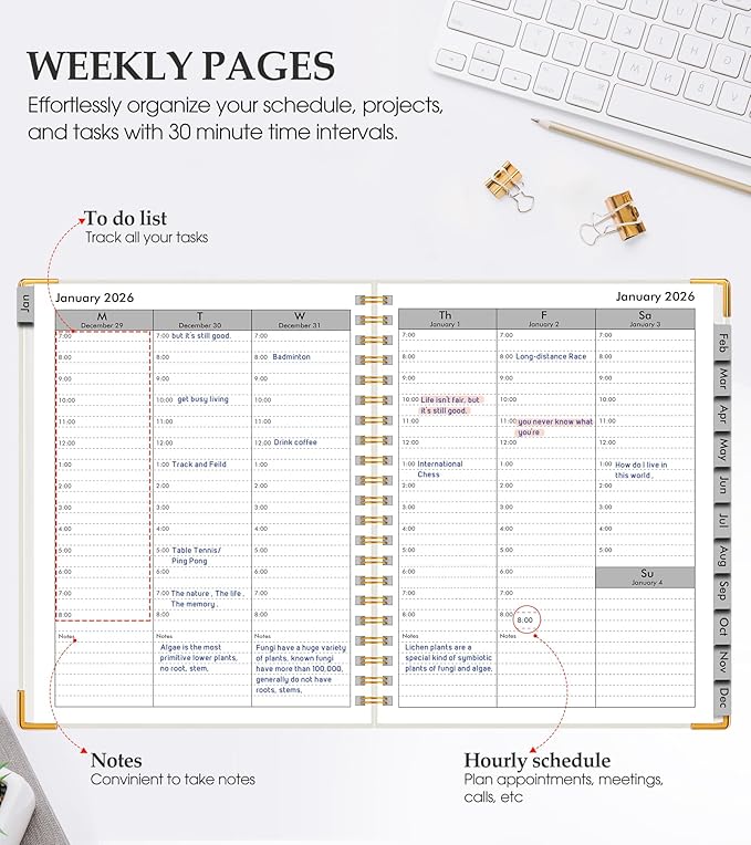 2026 Planner, Weekly and Monthly Calendar Planner from January 2026 - December 2026, 5.75" x 8.38" Hardcover Leather Hourly Appointment Book with Tabs, A5 Spiral Daily Planners for College School Work Home, White