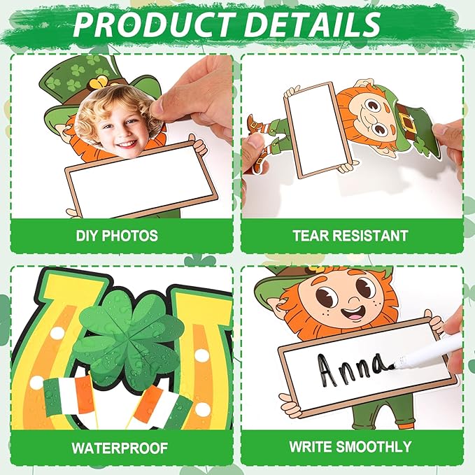 St. Patrick's Day Bulletin Board Set Leprechaun Clover DIY Photo Name Tag Classroom Decoration Green Lucky Shamrock Bulletin Board Cutouts for Irish Holiday Home Classroom School Chalkboard Wall Decor