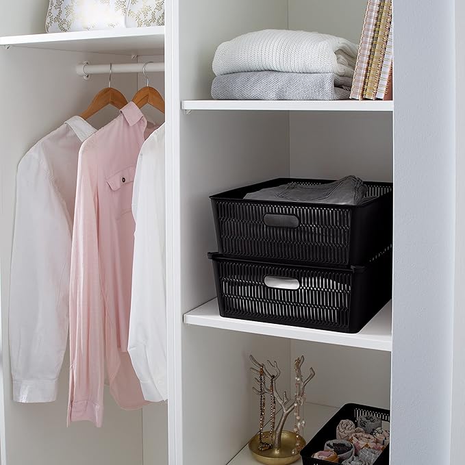 Simplify 4Pk Shallow Slide 2 Stack It Tote Basket | Storage & Organization | Open Bins with Stackable Capability | Bathroom | Crafts | Pantry | Playroom | Office | Black
