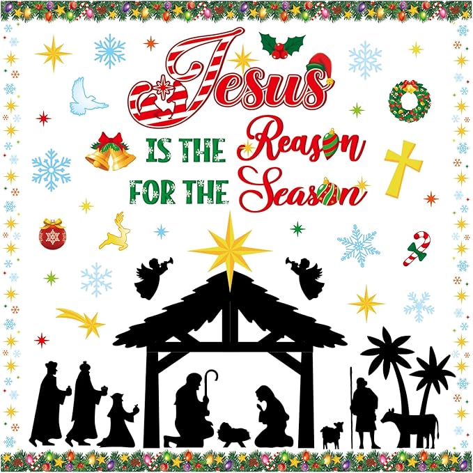 Christmas Nativity Bulletin Board Set Christian Jesus Birth Classroom Decorations Jesus is The Reason for The Season Paper Cutout for Xmas Holiday Sunday School Religious Church Decor