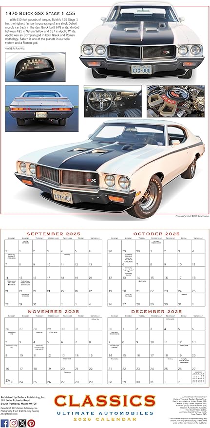 Classics 2026 Wall Calendar: Ultimate Automobiles, Muscle Cars and More, 12" x 12", 2026 Monthly Calendar with Large Grids for Home or Office, Vintage Car Theme