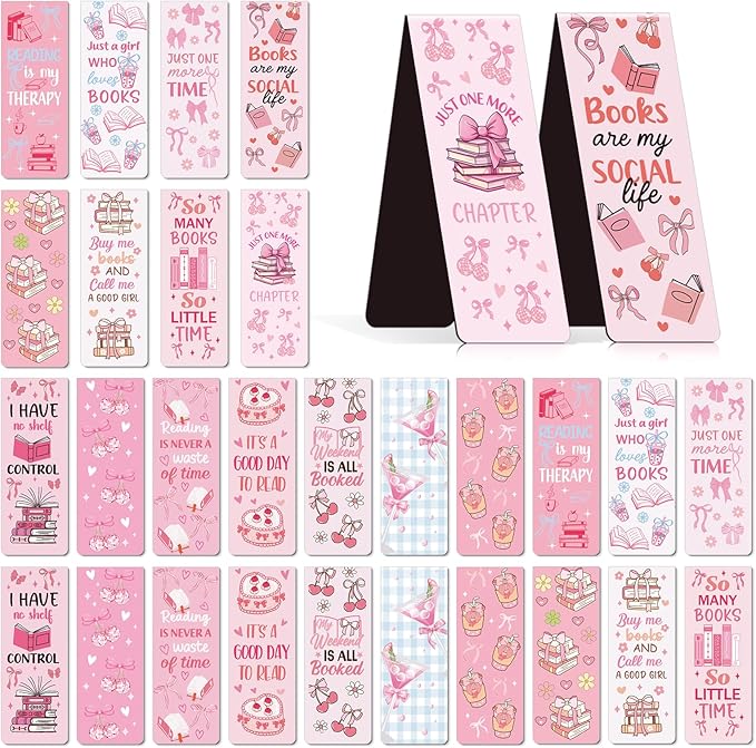Wxiben Coquete Magnetic Bookmark Gifts - 30PCS Bows Magnetic Bookmarks Pink Bow Book Marks Cute Flower Cake Cherries Page Magnets Marker Clip for Book Lovers Reading Bookis Gift