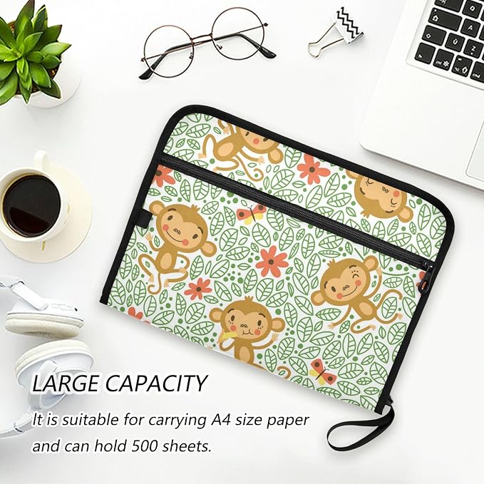 13 Pockets Expanding File Folder Funny Monkeys Green with Sticky Labels Accordion File Folder Document Organizer Letter Size A4 Papers Expandable File Keeper