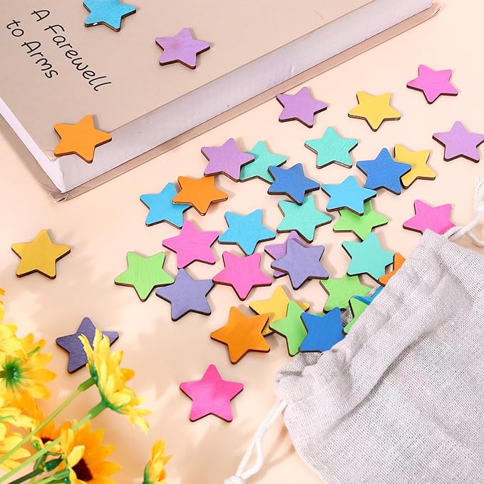 JarThenaAMCS 45Pcs Star Extra Tokens for Reward Jar Colorful Star Shape Wooden Cutouts with Linen Pocket 9 Colors Wooden Tokens for Back to School Student Teacher Classroom Supplies