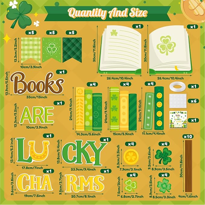 TICIAGA St.Patrick’s Day Book Learning Bulletin Board - 66Pcs Book are Lucky Charms Shamrock Bookshelf Cutout Border with Book Flag Banner for Irish School Library Classroom Chalkboard Wall Decoration