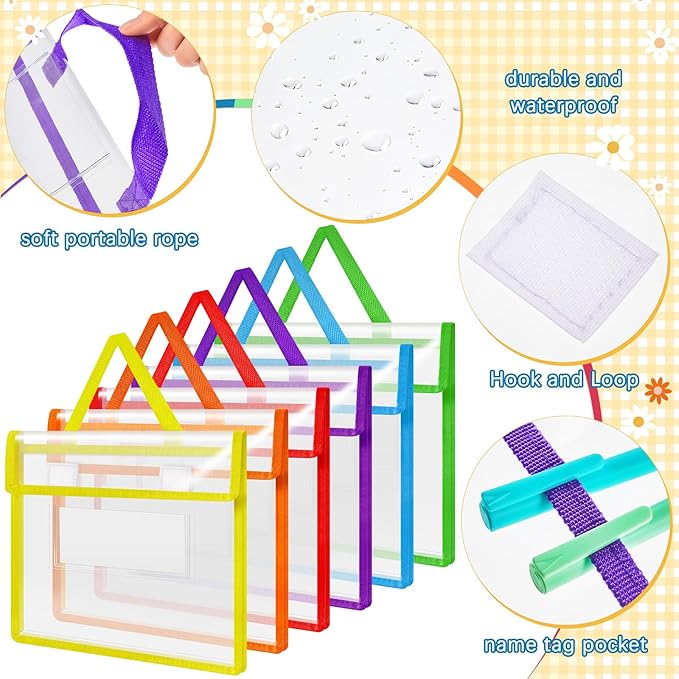 Teling 24 Pack Thick Clear Book Pouches with Blank Name Tags and Handles Book Baggies Bags Bins Organizer for School Classroom Library Pockets Students (14 x 11 Inch,Stylish Color)