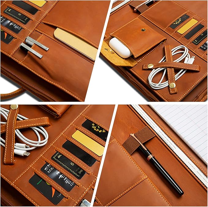 Genuine Leather Portfolio, Padfolio Organizer with Handle, Personalized Padfolio，Padfolio with Zipper for Men Women，Suitable for 15-inch Laptop Legal Pad Padfolio, Brown