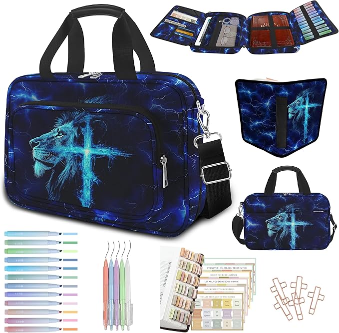 Lion Cross Large Bible Cover Case for Boys with Handle Zipper Pocket, Bible Study Supplies Journaling Kit Book Carrying Case with Pens Highlighters Cross Clips, Christian Gifts for Men Blue