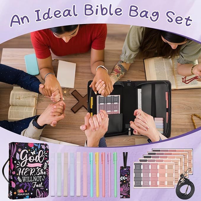 19PCS Floral Purple Leather Bible Cover for Women Bible Cover Cases for Teen Girls Christmas Gift Christian Bag Our God is Within Her Journaling Kit with Shoulder Strap Highlighter Pens & Book Marker
