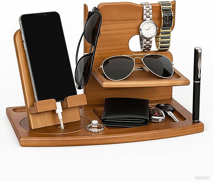Wooden Desk Organizer with Phone Stand - 11.2"×7.3"×7.3" Multifunctional Desktop Storage for Phone, Glasses, Watch, Office Supplies, Bedside Organizer & Wood Dock Station