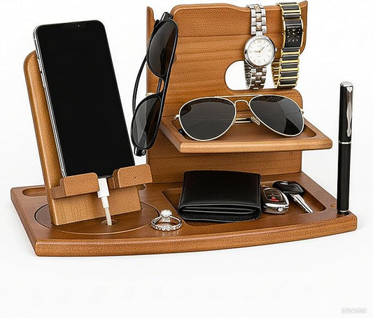 Wooden Desk Organizer with Phone Stand - 11.2"×7.3"×7.3" Multifunctional Desktop Storage for Phone, Glasses, Watch, Office Supplies, Bedside Organizer & Wood Dock Station