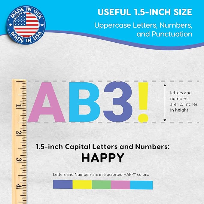 FreshCut Crafts 636 Pcs 1.5 in. Happy Colors Bulletin Board Letters & Numbers, Capital Alphabet, Numbers, Punctuation, US Made Card Stock Punch Out Letters for Posters, Bulletin Boards, Classroom