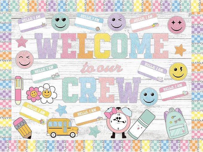 Mooliwe 94 Pcs Composition Notebook Classroom Decor Welcome Back to School Bulletin Board Set Checkered Classroom Decor Smile Face Stationery Paper Cutouts for First Day of School Wall(Boho Pastel)