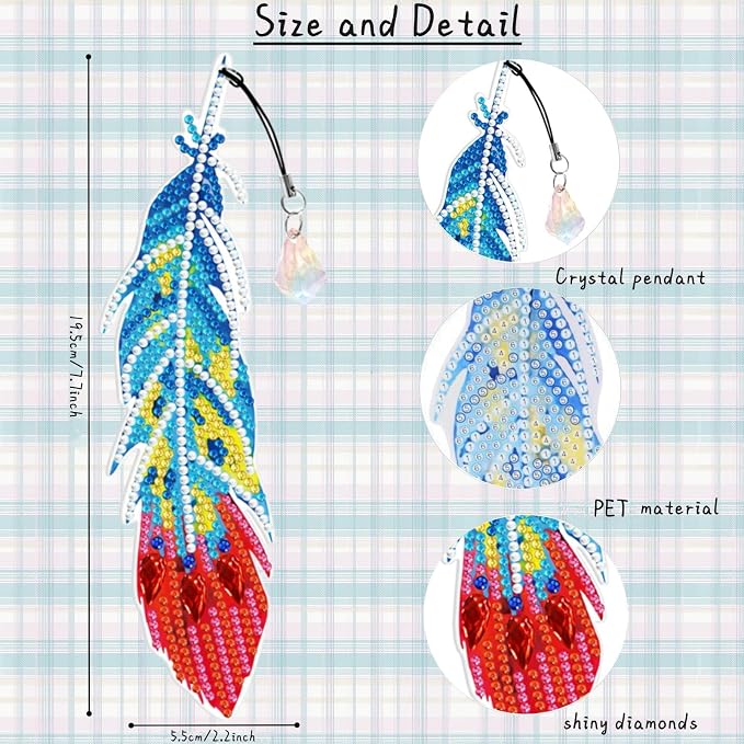 12 Pcs Feather Diamond Painting Bookmarks, Diamond Art Bookmarks with Pendant, Diamond Art Painting Kits for Beginners Adults DIY Art Craft Gifts Book Decors