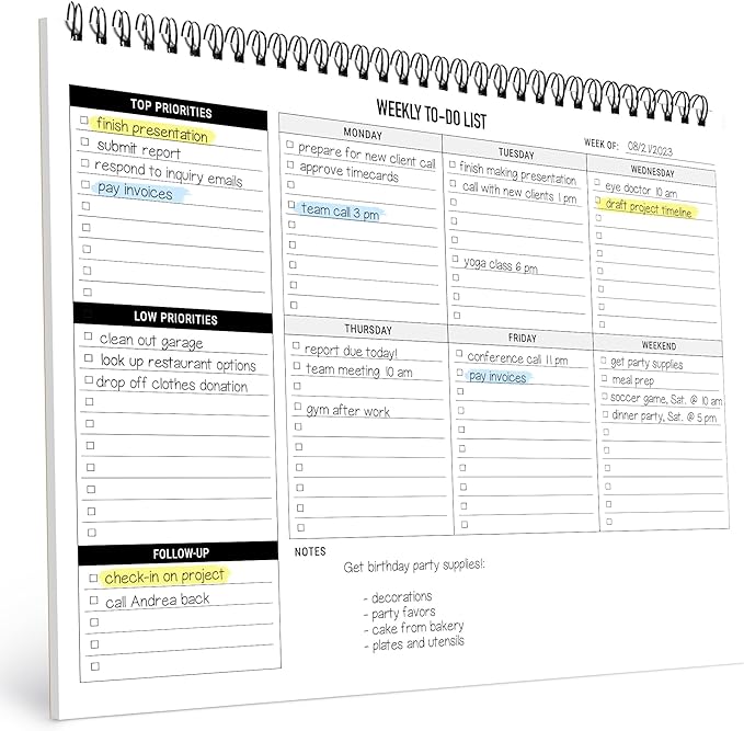 Weekly Planner To Do List Pad - 8.5x11" 52 Sheets Spiral - Desk Notepad with Multiple Sections - Undated Planning Notebook Checklist, Todo Agenda Plan