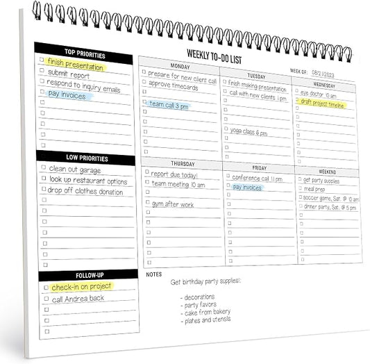 Weekly Planner To Do List Pad - 8.5x11" 52 Sheets Spiral - Desk Notepad with Multiple Sections - Undated Planning Notebook Checklist, Todo Agenda Plan