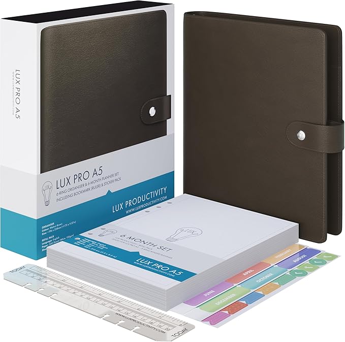 LUX PRO A5 - Daily Planner & appointment diary 2024 - Gratitude journal, wellness journal & Undated weekly planners and organisers - Desk journals for women & men - LUX Productivity (Brown - Walnut)