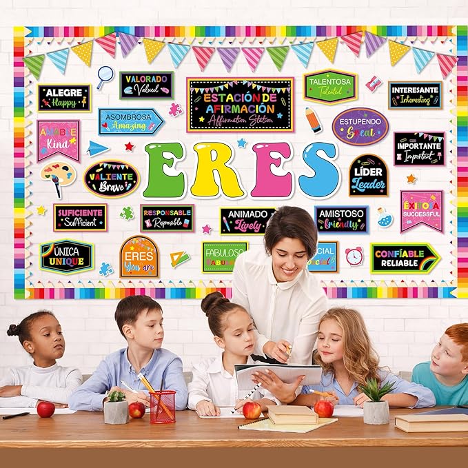 Affirmation Station Spanish Bulletin Board Decorations Set Welcome Back to School Spanish Motivational Paper Cutouts Colorful Inspirational Bulletin Board Decor for Classroom Teacher Chalkboard Wall