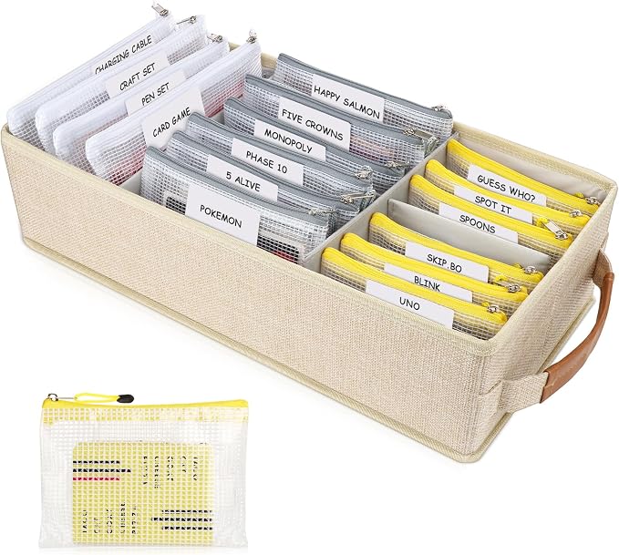 Lukeline Card Game Storage Kit Include Storage Box and 16pcs Mesh Zipper Bags, Card Game Organizer with Writable Stickers and Dispensing - for Playing Card Game, Photos, School Supplies, Craft