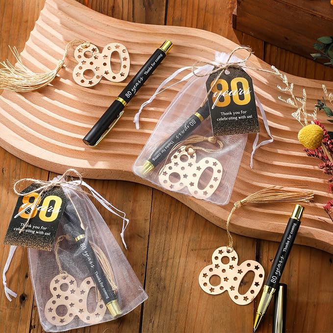 Spakon 25 Set 80th Birthday Party Favor for Guest Anniversary Party Favor Golden Birthday Bookmark Thanks Coming Pen with Tag Appreciation Gifts for Women Men Wedding Anniversary