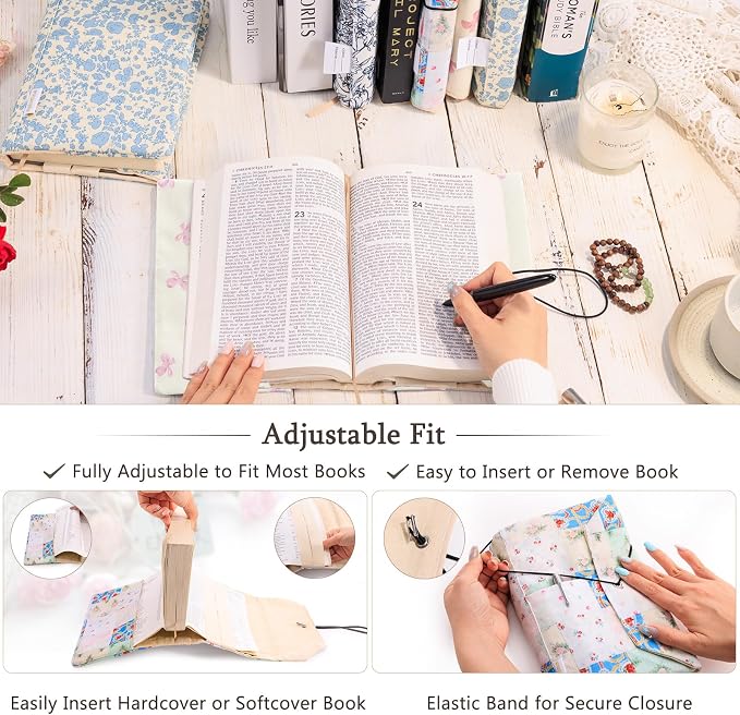 Aplufine Adjustable Fabric Book Cover with Elastic Band, Washable Reusable Book Sleeve for Hardcover Books, Textbooks, Novels & Journals, Book Protector with Pocket & Bookmark,Book Gift