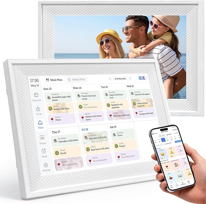 10.1" Smart Digital Calendar Display - WiFi Family Command Center & Chore Chart, Syncs Apple/Outlook/Google Calendar, Touch Screen Daily Planner, No Subscription (White Art Deco)