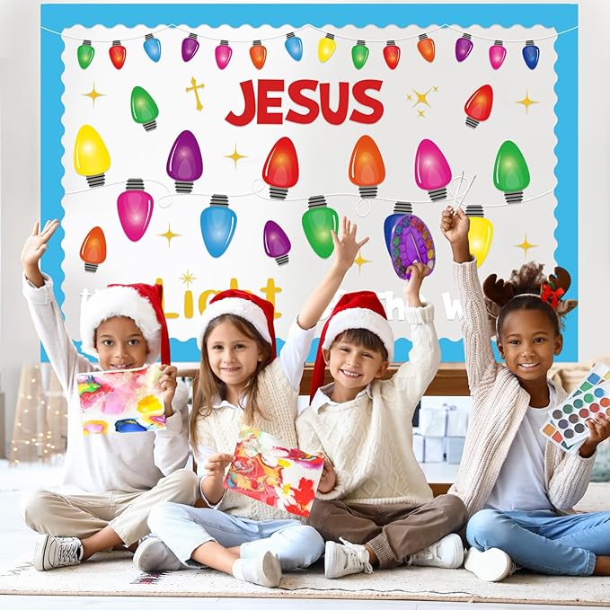 77 Pcs Religious Christmas Bulletin Board Decorations Set with Colorful Light Bulb Paper Cutouts Christian Jesus Bulletin Board for Sunday School Classroom Chalkboard Church Decor