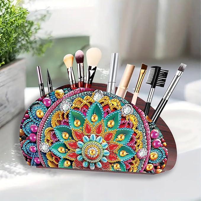 Remote Control Holder with 4 Compartments, DIY Diamond Art Painting Wooden Half Moon TV Control Holder for Remote Controllers, Office Supplies, Makeup Brush, Media Accessories-Mandala-5