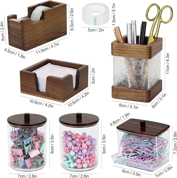 Buqoo 6-Piece Walnut Wood Desk Organizer Set - Pen Holder with Acrylic Insert, Tape Dispenser, Sticky Note Holder, Paper Clip Holder for Home Office School Supplies
