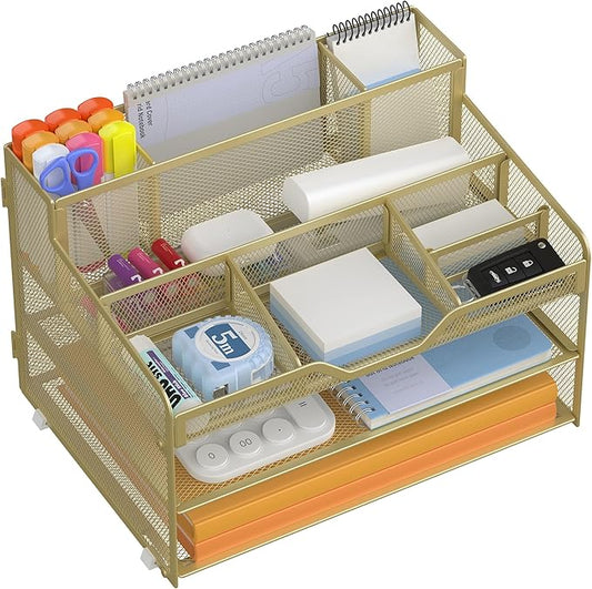 Docnest 3 Tier Mesh Desk Organizer for Paper Office Supplies – Multi-Functional Letter Tray with 5 Adjustable Compartments, 3 Pen Holders, Desktop Storage for Files, Mail, Stationery – Gold