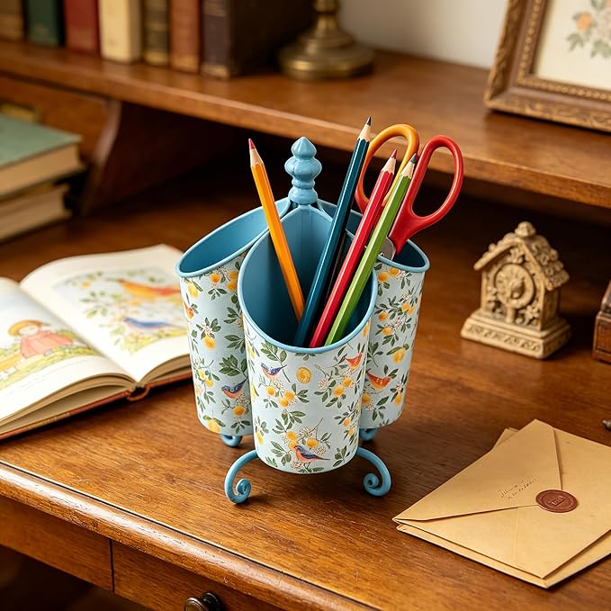 360° Rotating Metal Pen Holder for Desk, Cute Floral Bird Desktop Organizer with Dome Roof, Pencil Cup & Remote Control Holder for Home Office (Blue)