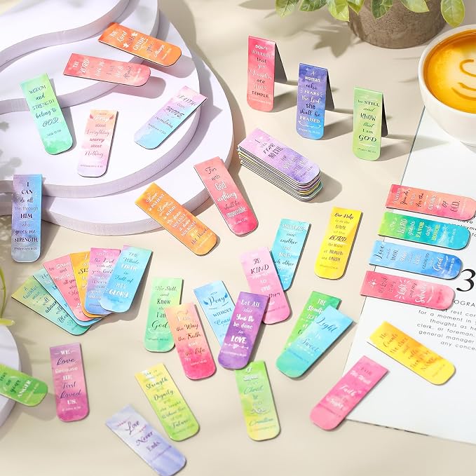 Zonon 48 Pcs Bible Verse Magnetic Christian Bookmarks, 0.8x4.7in Inspirational Scripture Book Markers for Women Men Religious Motivational Page Clips Book Lovers Reading Gifts(Watercolor Style)