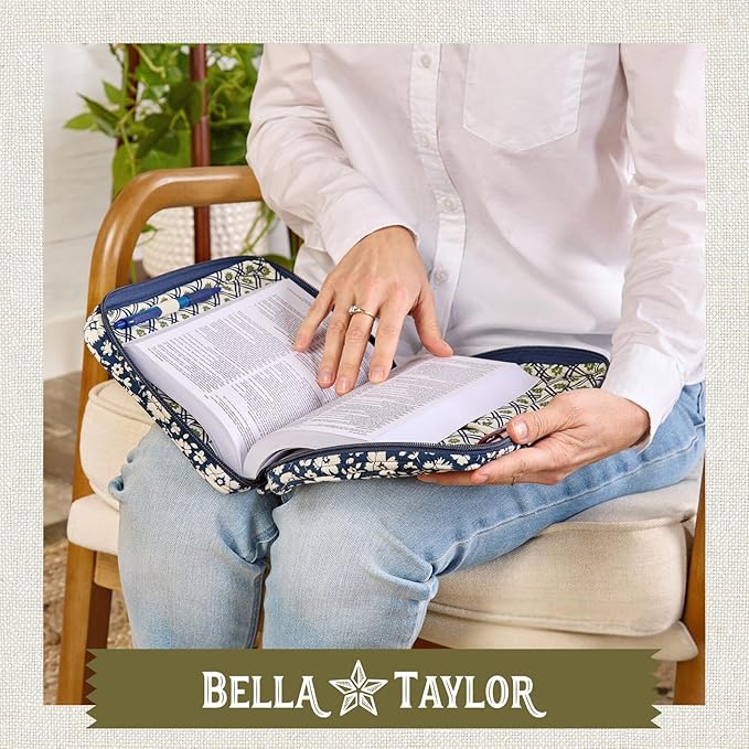 Bella Taylor Small Bible Cover for Women - Quilted Cotton Bible Case for 6 x 9 inch Books - Bicolor Floral Navy