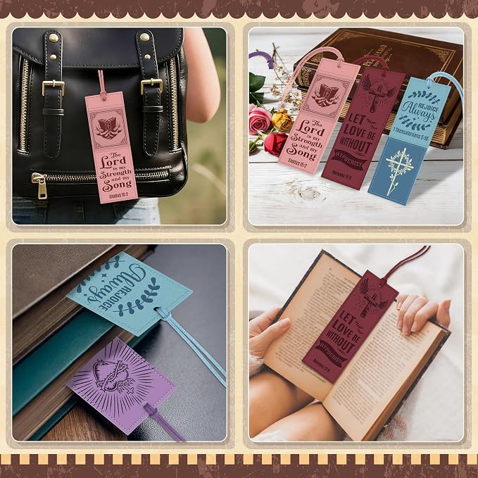 4PCS Leather Bookmark Bible Bookmarks for Reading Women Men Teacher Book Lovers Gifts, Vintage Religious Christian Bookmark Page Markers Inspirational Bible Verse Scripture Book Marks (Morandi)