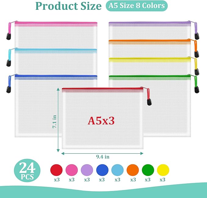 24pcs Mesh Zipper Pouch Bags Small, A5 9.4x7.1 Inches, 8 Colors Zipper Pouches for Classroom, Organizing Bags for Home, Office and Puzzle Storage