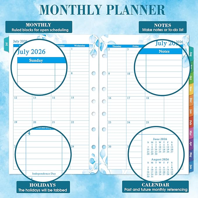 Planner Refills 2026-2027 - Jul.2026 - Jun. 2027 Planner, Two Pages Per Day Daily ＆ Monthly Planner, 5.5" x 8.4", Ring-Bound Organizer, Daily Tracker & Schedule, Colorful Tabs
