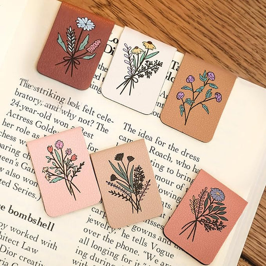 Hsei 6 Pcs Magnetic Leather Bookmark Floral Magnet Leather Book Marker Clips Accessory Women Flower Cute Reading Gifts for Bookworm Lovers Mother's Day Birthday Teacher's Appreciation Gift(Pink Brown)