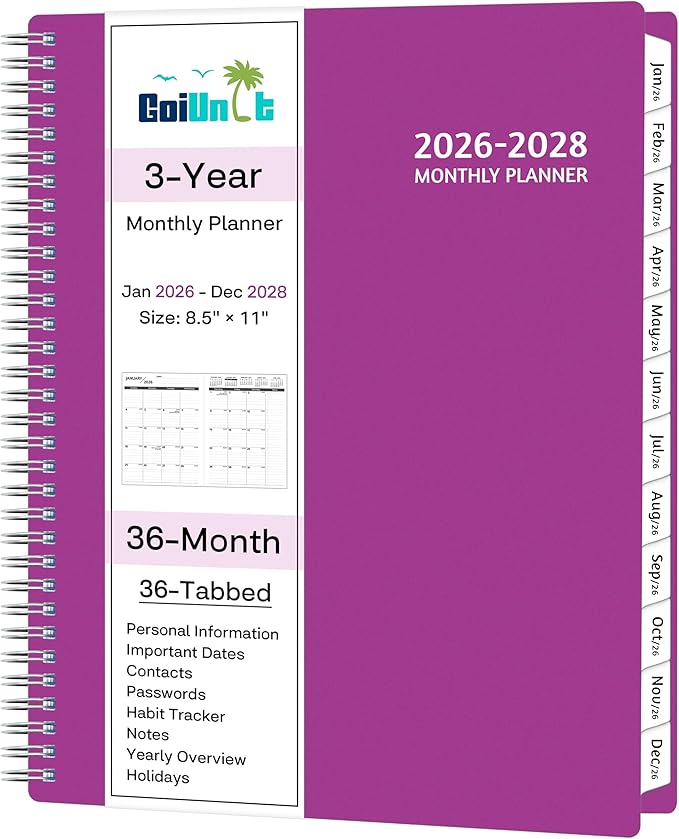 Monthly Planner 2026-2028, 36 Months Calendar Planner 2026-2028 from Jan 2026 – Dec 2028, 8.5'' x 11'' with Ruled Spread, Flexible Cover, Spiral Wirebound, Pocket, Coated Tabs, Notes ＆ Habit Tracker