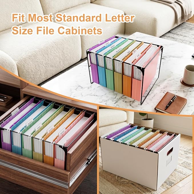 12 Pack Extra Capacity Plastic Hanging File Folders, Heavy Duty 2-Inch Expansion, Reinforced Expanding File Organizer with 1/5-Cut Tabs for Letter Size Documents, Filing Cabinets Desk Drawers