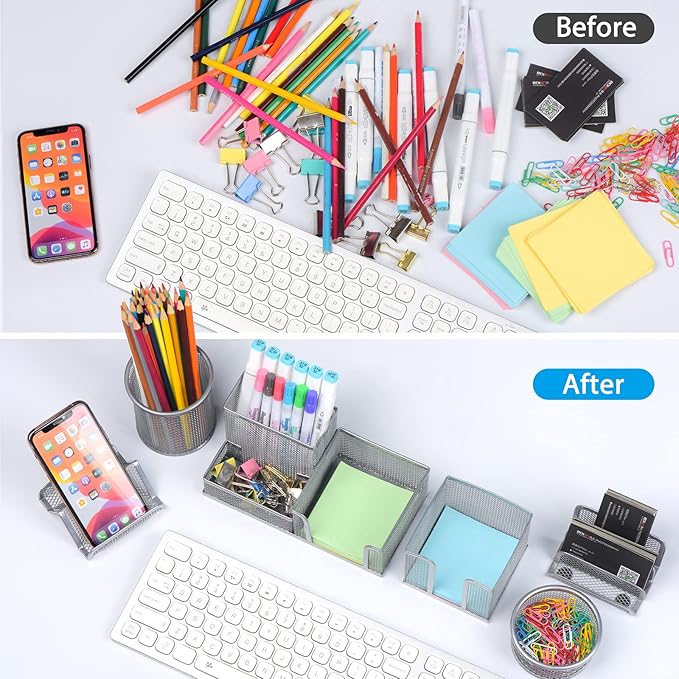 Pen Holder for Desk, 6 Pieces Mesh Desk Organizer set 3 Compartments pens holder, Mail Organizer Home Office Supplies Caddy Storage Baskets for Desktop Accessories(Sliver)