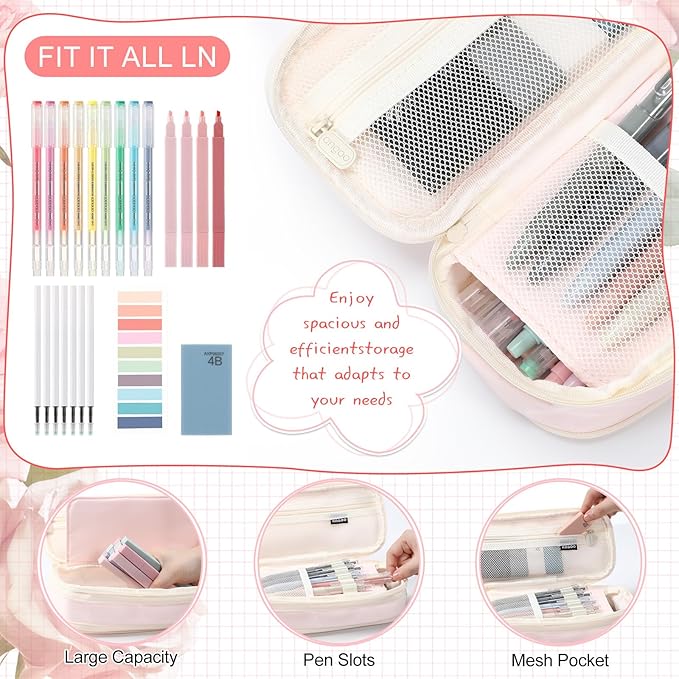 Eersida 74 Pcs Aesthetic School Supplies with Large Pencil Pouch 5 Ink Gel Pens 12 Highlighters 6 Mechanical Pencils 0.5mm 9 Color Pens 4 Note Pads Set for Student Stationary(Morandi,Bright Style)