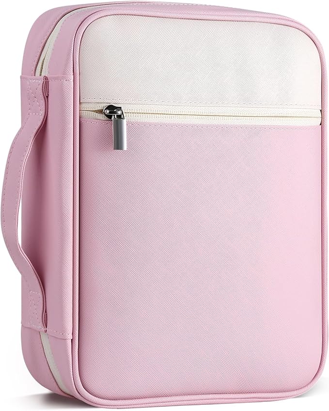 GERMUN Bible Cover with Durable Handle, Carrying Book Case Church Bag Bible, Protective with Zippered Pocket, Bible Accessories Supplies, Book Protector for Book Lovers, WhitePink