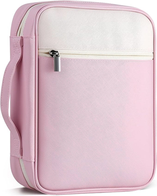 GERMUN Bible Cover with Durable Handle, Carrying Book Case Church Bag Bible, Protective with Zippered Pocket, Bible Accessories Supplies, Book Protector for Book Lovers, WhitePink