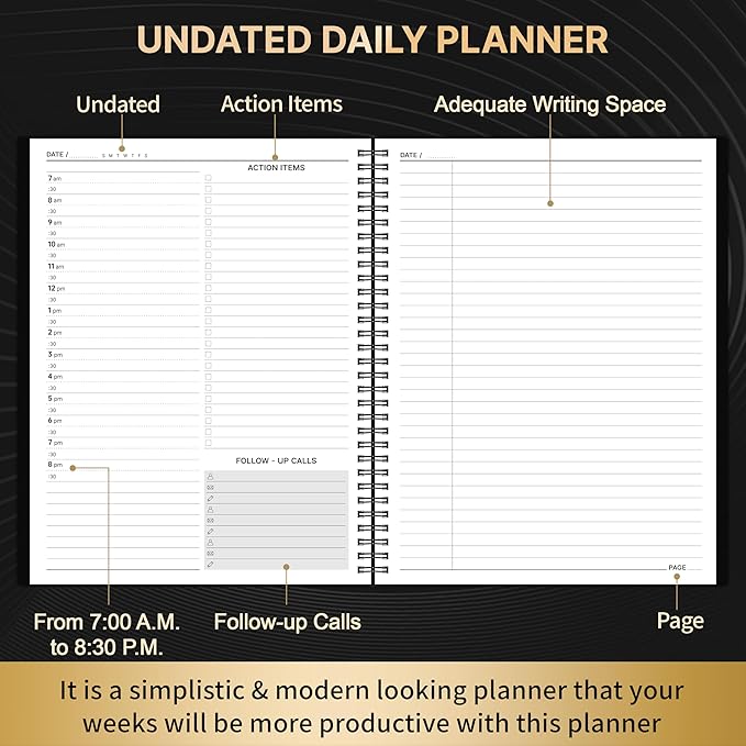 Daily Planner - 9'' x 11'' Notebook with Hourly Schedule, Undated Workbook to Record Your Appointments, 208 Pages, Elastic Closure, Inner Pocket