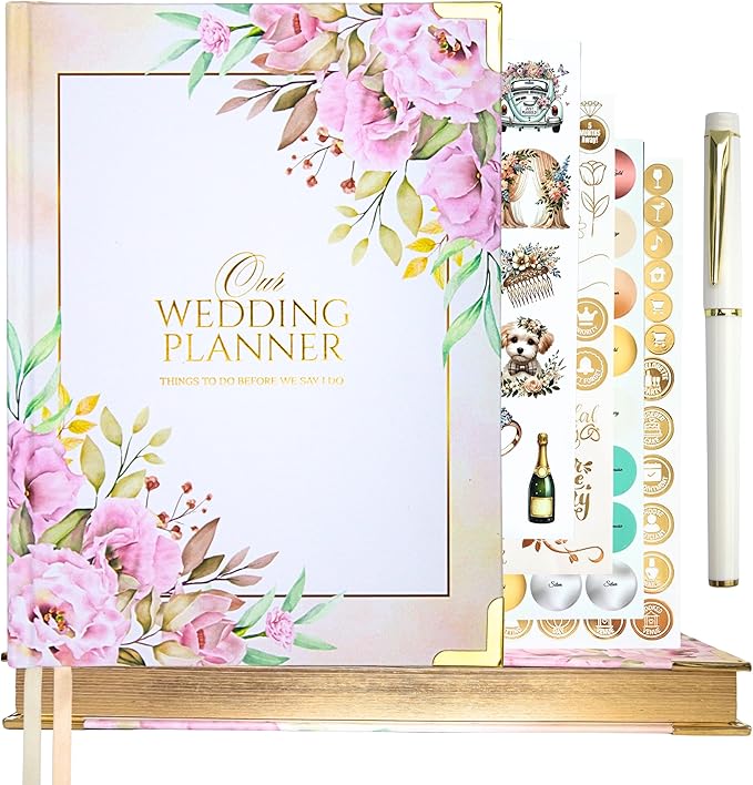Wedding Planner Book and Organizer – Luxury Floral Hardcover Bridal Planner 9.45 x 7.09 in with Stickers, Pen & Box – Engagement Gift & Bride-to-Be Keepsake – 229 Pages, Tips, Budget Tracker & Calendar