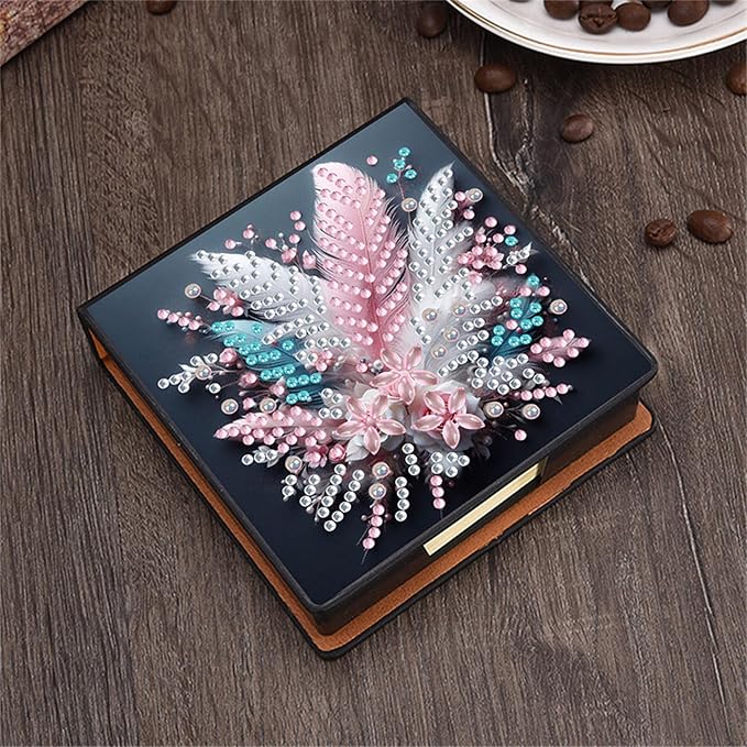 Feather Diamonds Painting Kit Note Box,Memo Paper Storage Box Diamond Art,Sticky Note Holder Diamond Art,Diamond Painting Memo Pad For Office Desk. (Feather)